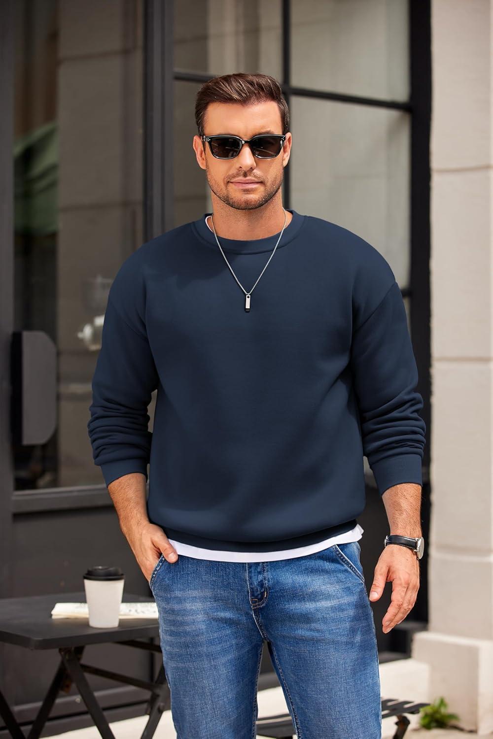 imageCOOFANDY Mens Crewneck Sweatshirts Long Sleeves Fleece Sweatshirts Thermal Casual Pullover ShirtNavy Blue