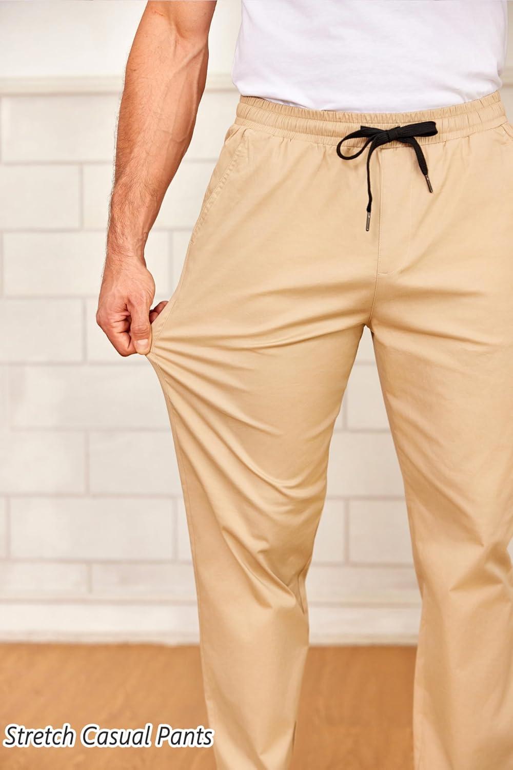 imageCOOFANDY Mens Drawstring Casual Pants Cotton Twill Elastic Waist Chino PantsKhaki