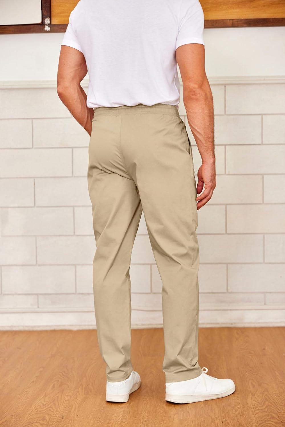 imageCOOFANDY Mens Drawstring Casual Pants Cotton Twill Elastic Waist Chino PantsLight Khaki
