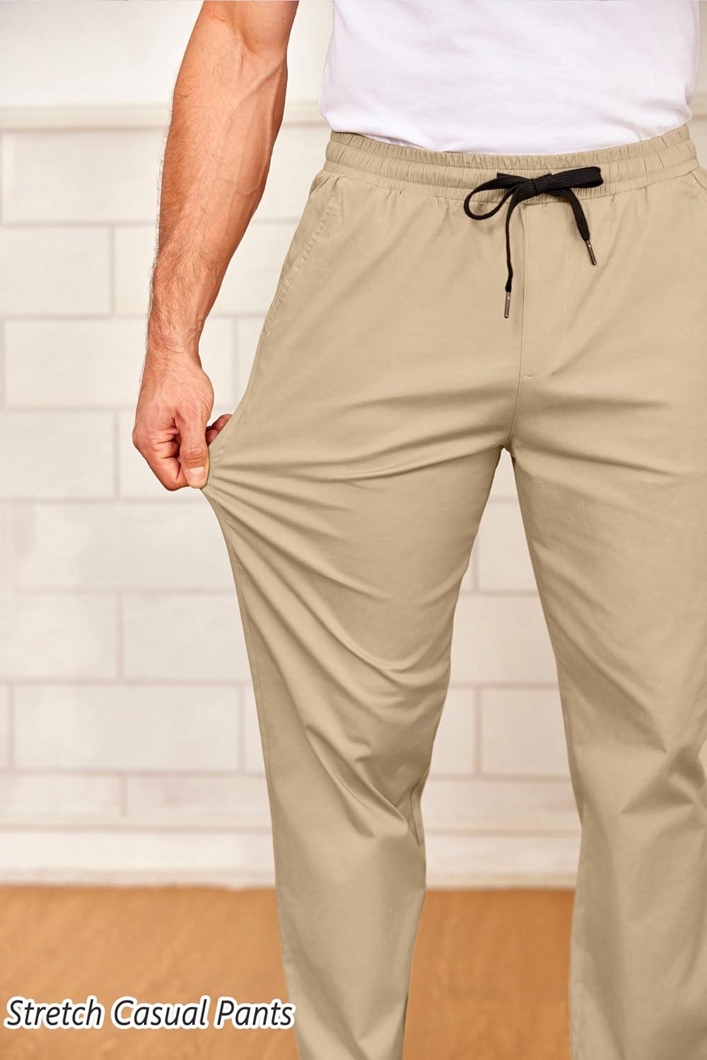 imageCOOFANDY Mens Drawstring Casual Pants Cotton Twill Elastic Waist Chino PantsLight Khaki