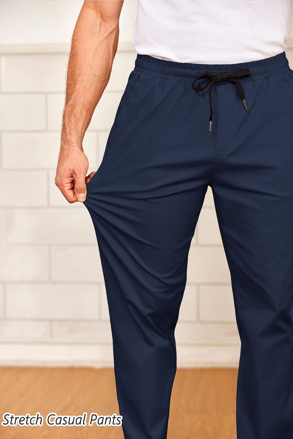 imageCOOFANDY Mens Drawstring Casual Pants Cotton Twill Elastic Waist Chino PantsNavy