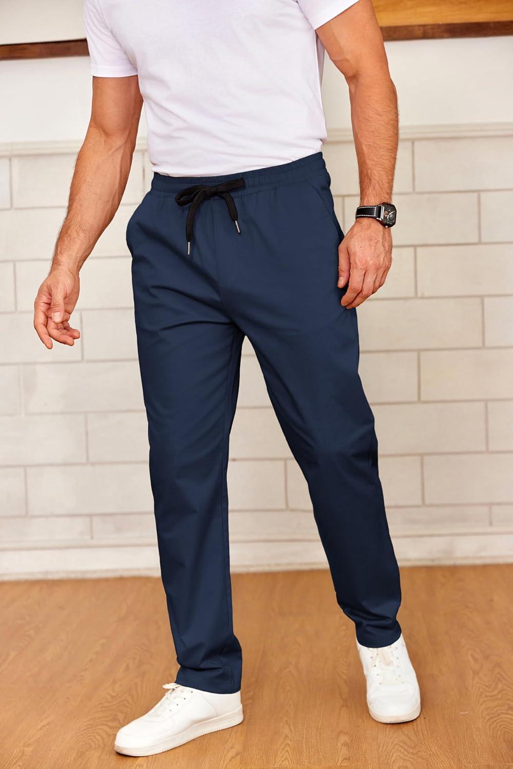 imageCOOFANDY Mens Drawstring Casual Pants Cotton Twill Elastic Waist Chino PantsNavy