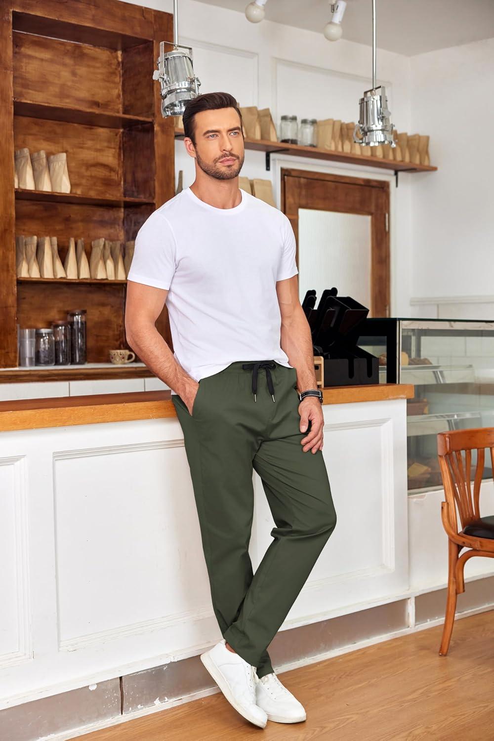 imageCOOFANDY Mens Drawstring Casual Pants Cotton Twill Elastic Waist Chino PantsOlive Green