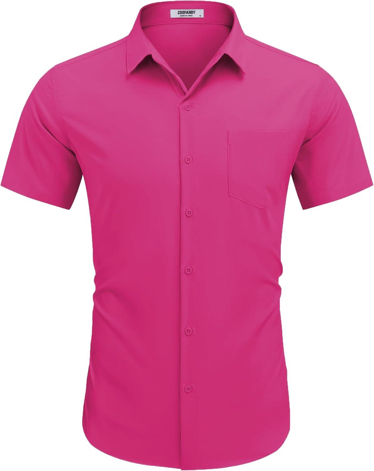imageCOOFANDY Mens Dress Shirts Short Sleeve Business Casual Regular Fit Button Down Shirts with PocketBright Pink