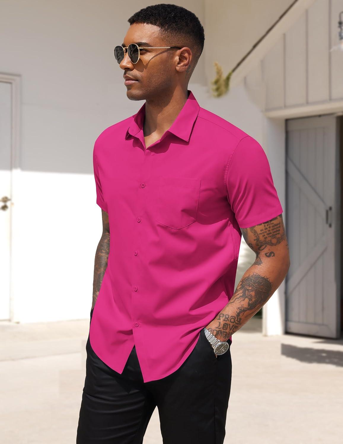imageCOOFANDY Mens Dress Shirts Short Sleeve Business Casual Regular Fit Button Down Shirts with PocketBright Pink