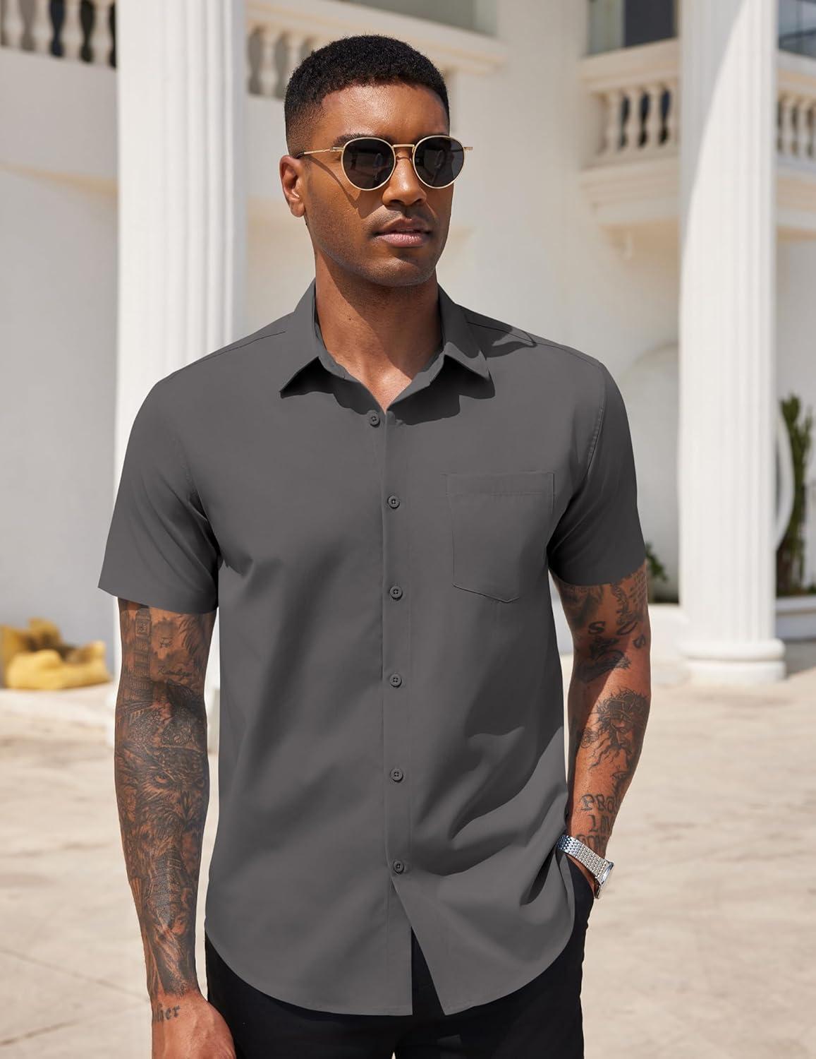 imageCOOFANDY Mens Dress Shirts Short Sleeve Business Casual Regular Fit Button Down Shirts with PocketDark Grey