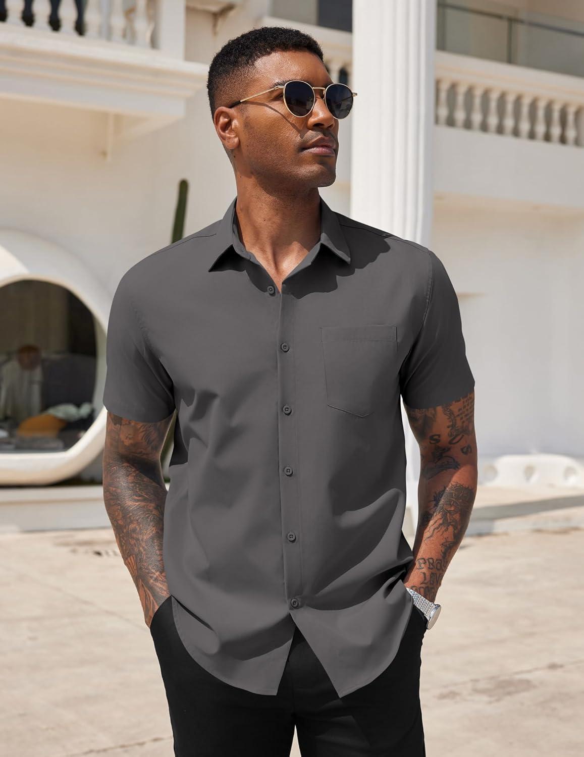 imageCOOFANDY Mens Dress Shirts Short Sleeve Business Casual Regular Fit Button Down Shirts with PocketDark Grey