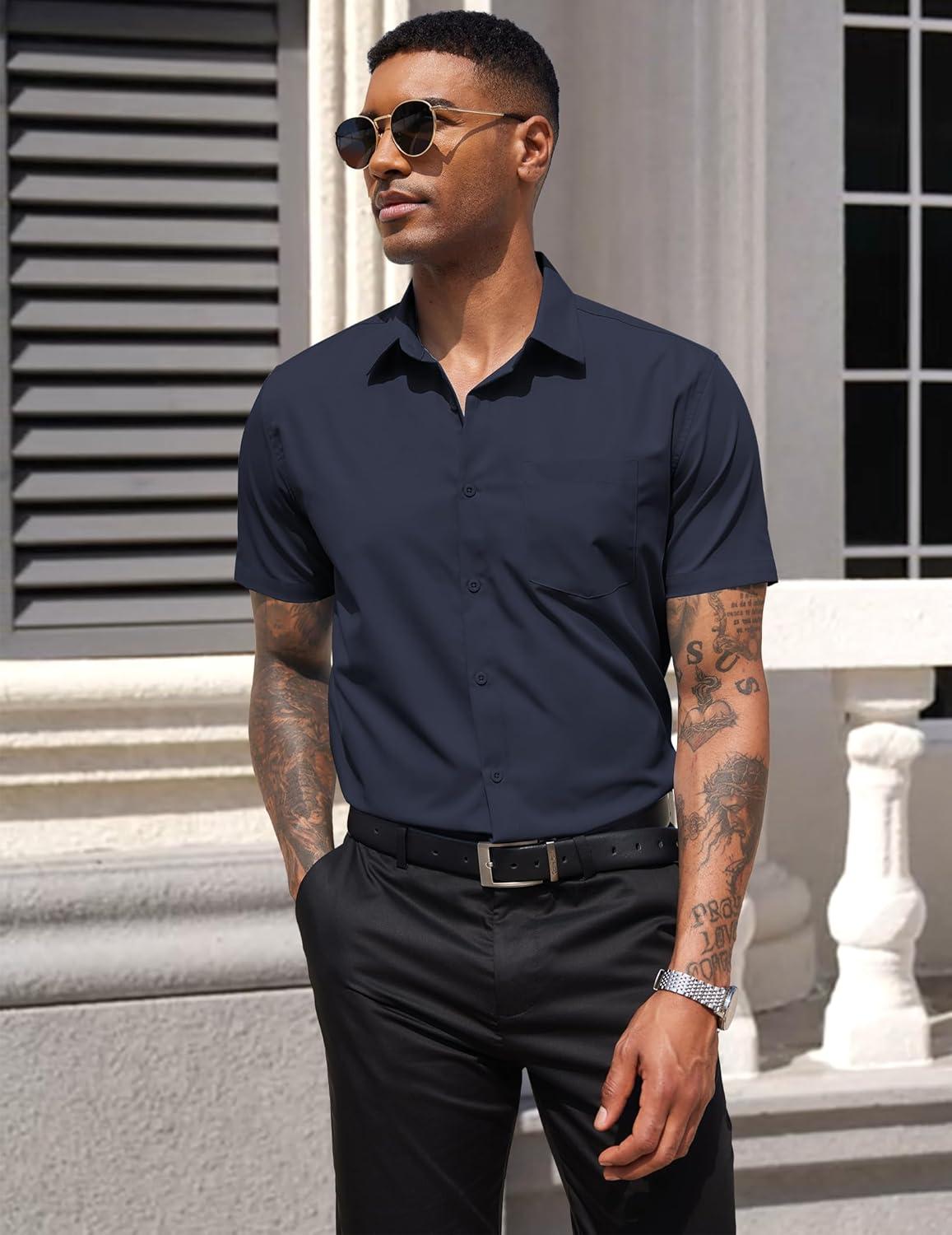 imageCOOFANDY Mens Dress Shirts Short Sleeve Business Casual Regular Fit Button Down Shirts with PocketDark Navy