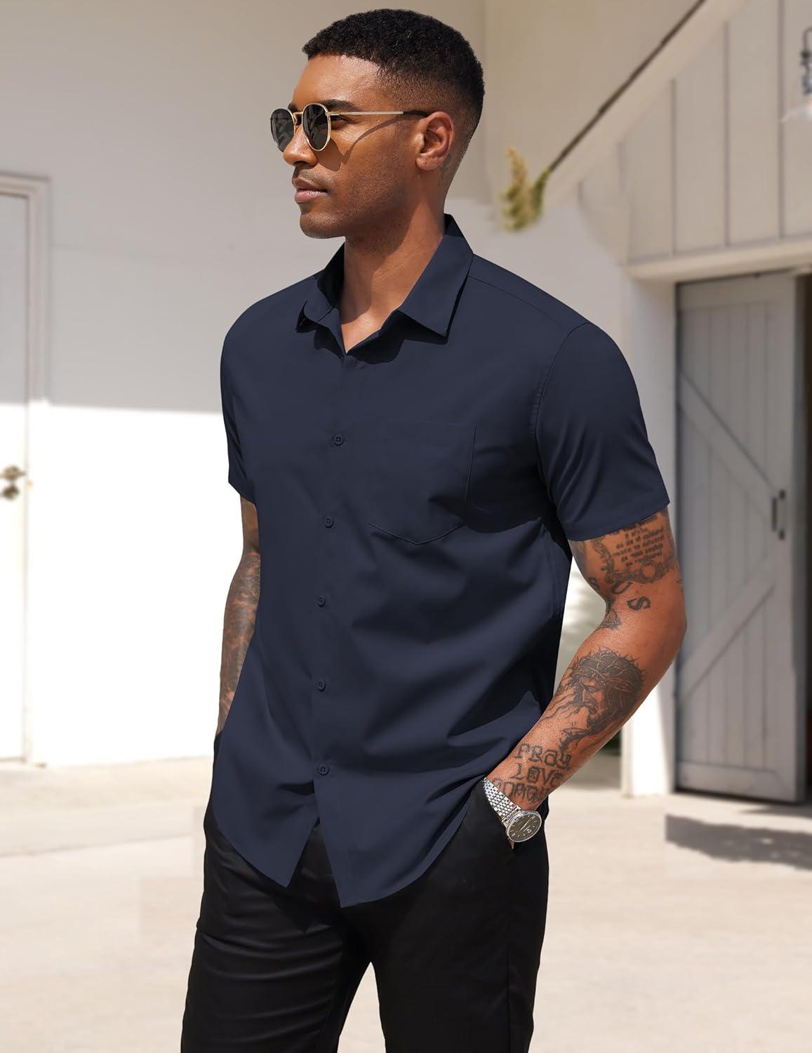 imageCOOFANDY Mens Dress Shirts Short Sleeve Business Casual Regular Fit Button Down Shirts with PocketDark Navy