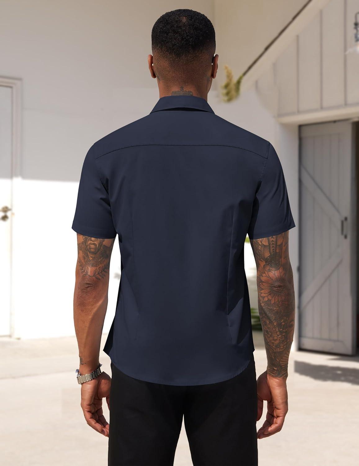 imageCOOFANDY Mens Dress Shirts Short Sleeve Business Casual Regular Fit Button Down Shirts with PocketDark Navy