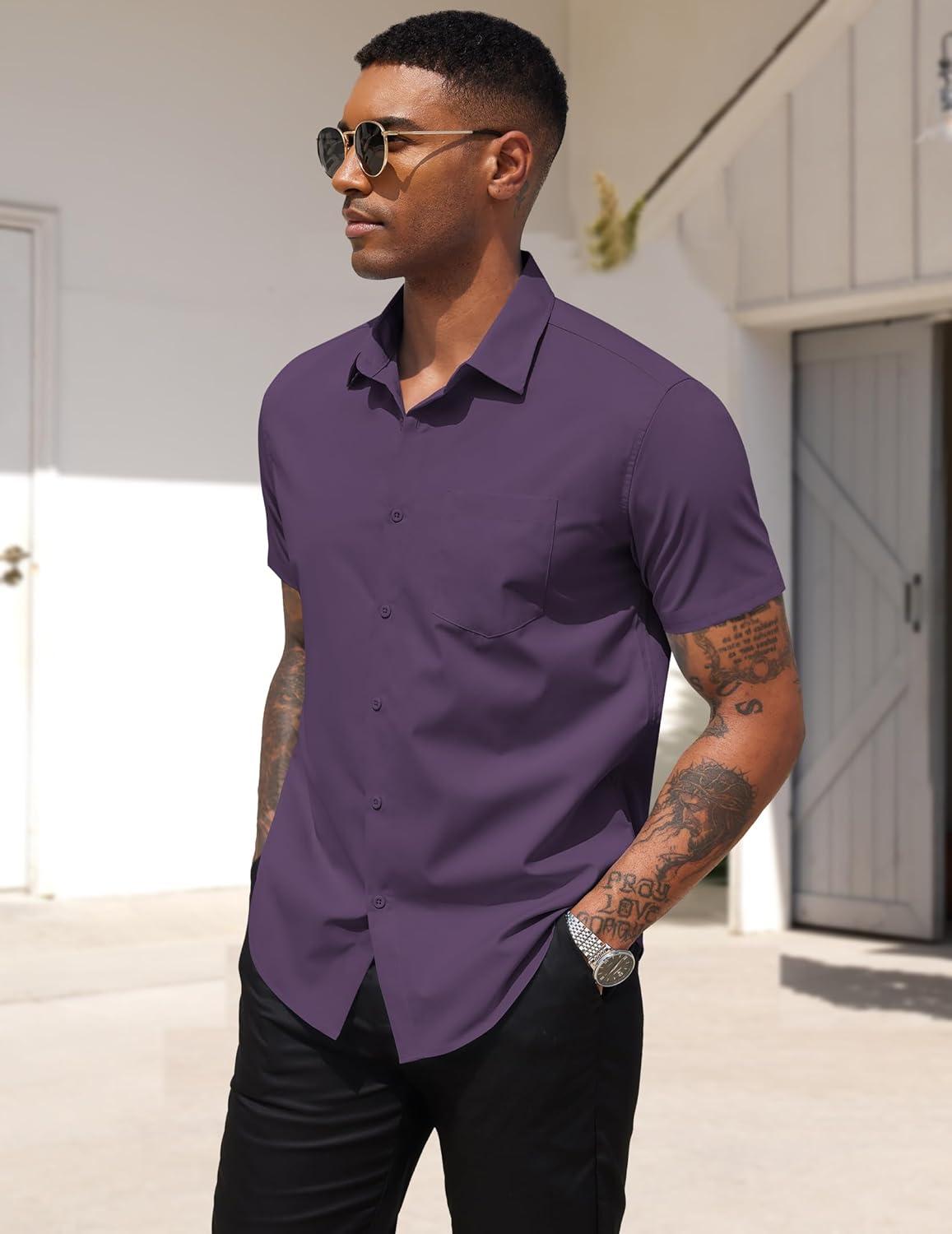 imageCOOFANDY Mens Dress Shirts Short Sleeve Business Casual Regular Fit Button Down Shirts with PocketDark Purple