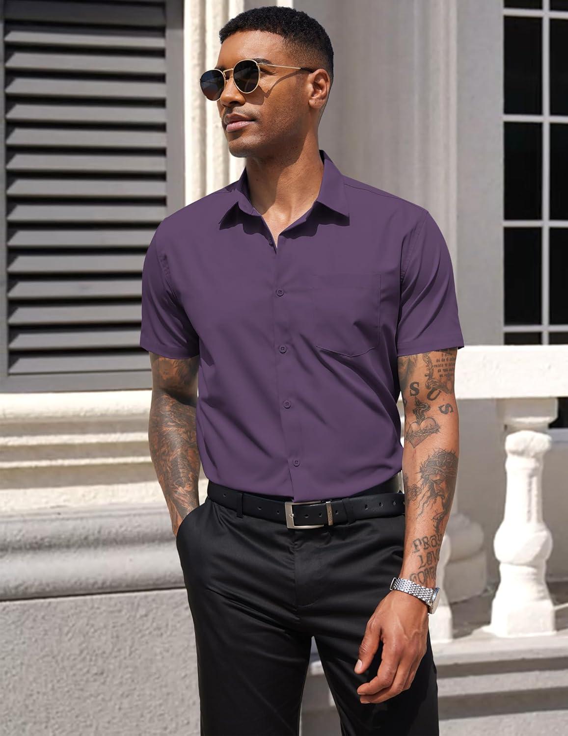 imageCOOFANDY Mens Dress Shirts Short Sleeve Business Casual Regular Fit Button Down Shirts with PocketDark Purple
