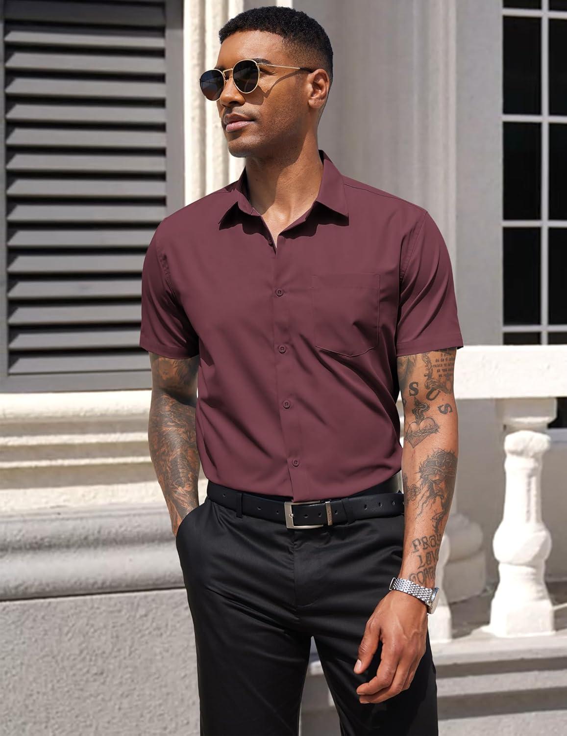 imageCOOFANDY Mens Dress Shirts Short Sleeve Business Casual Regular Fit Button Down Shirts with PocketDeep Red