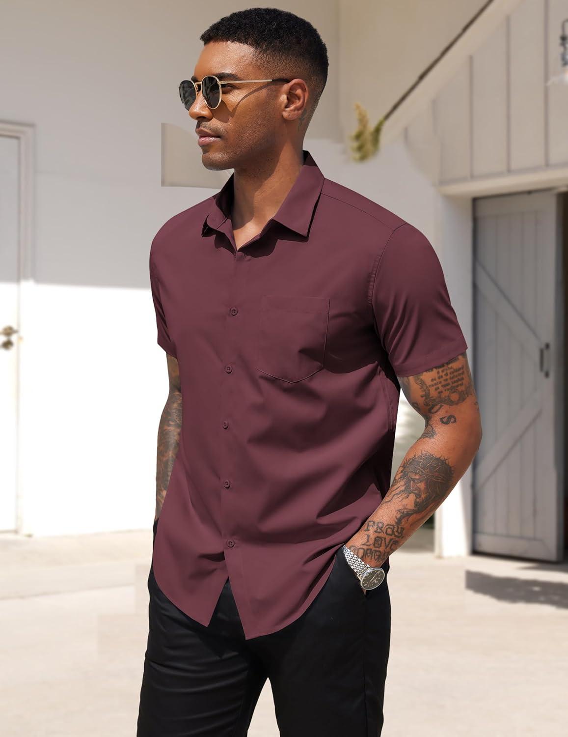 imageCOOFANDY Mens Dress Shirts Short Sleeve Business Casual Regular Fit Button Down Shirts with PocketDeep Red