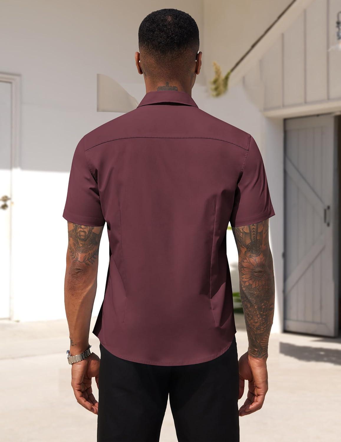 imageCOOFANDY Mens Dress Shirts Short Sleeve Business Casual Regular Fit Button Down Shirts with PocketDeep Red