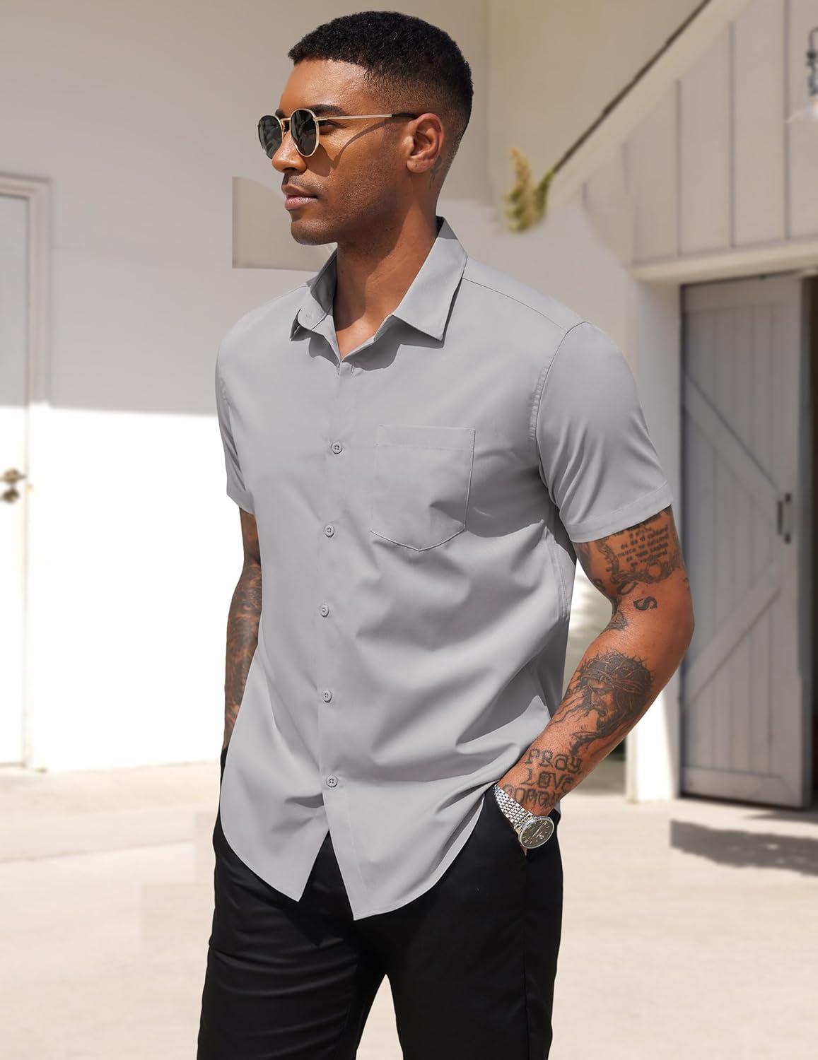 imageCOOFANDY Mens Dress Shirts Short Sleeve Business Casual Regular Fit Button Down Shirts with PocketGrey