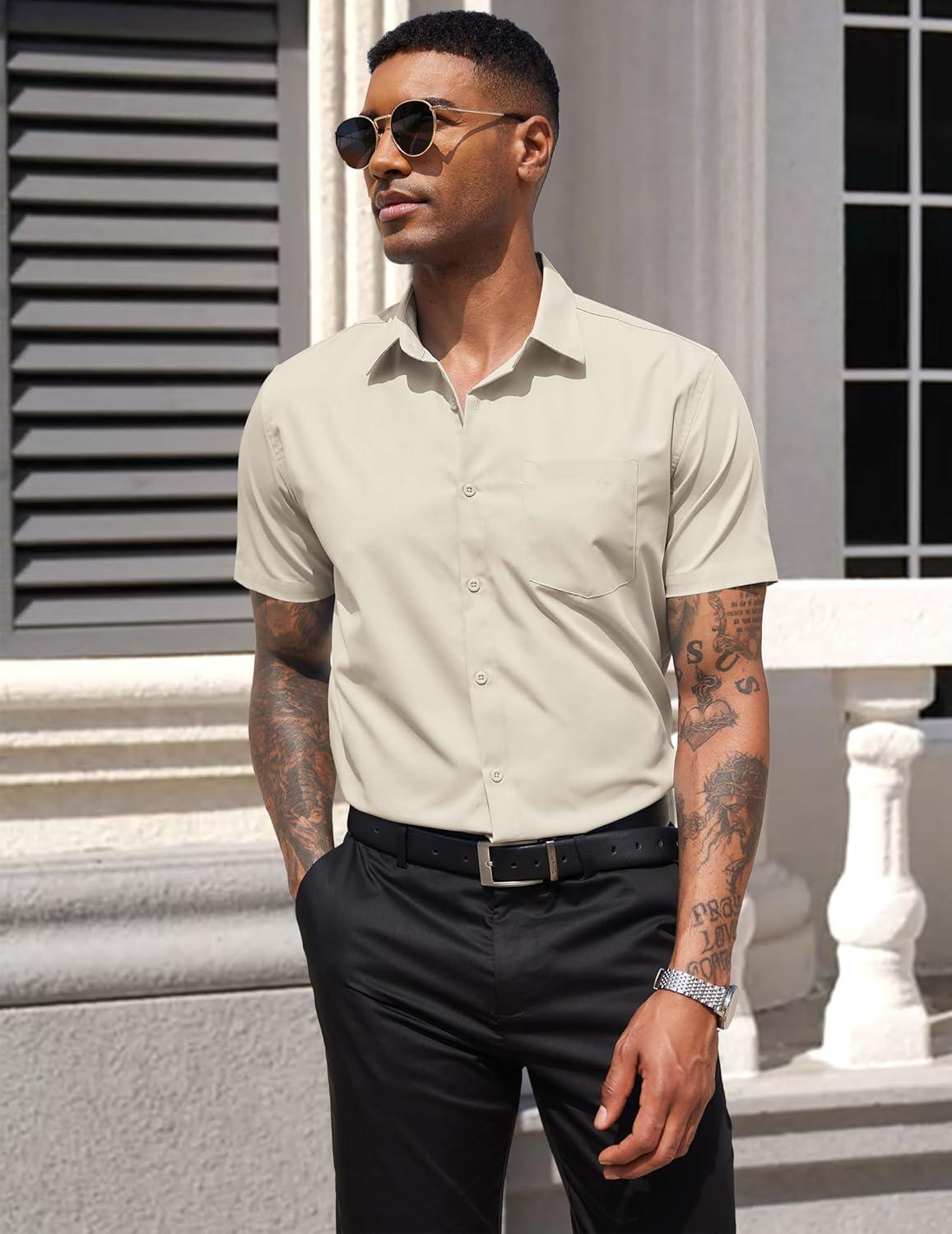imageCOOFANDY Mens Dress Shirts Short Sleeve Business Casual Regular Fit Button Down Shirts with PocketKhaki