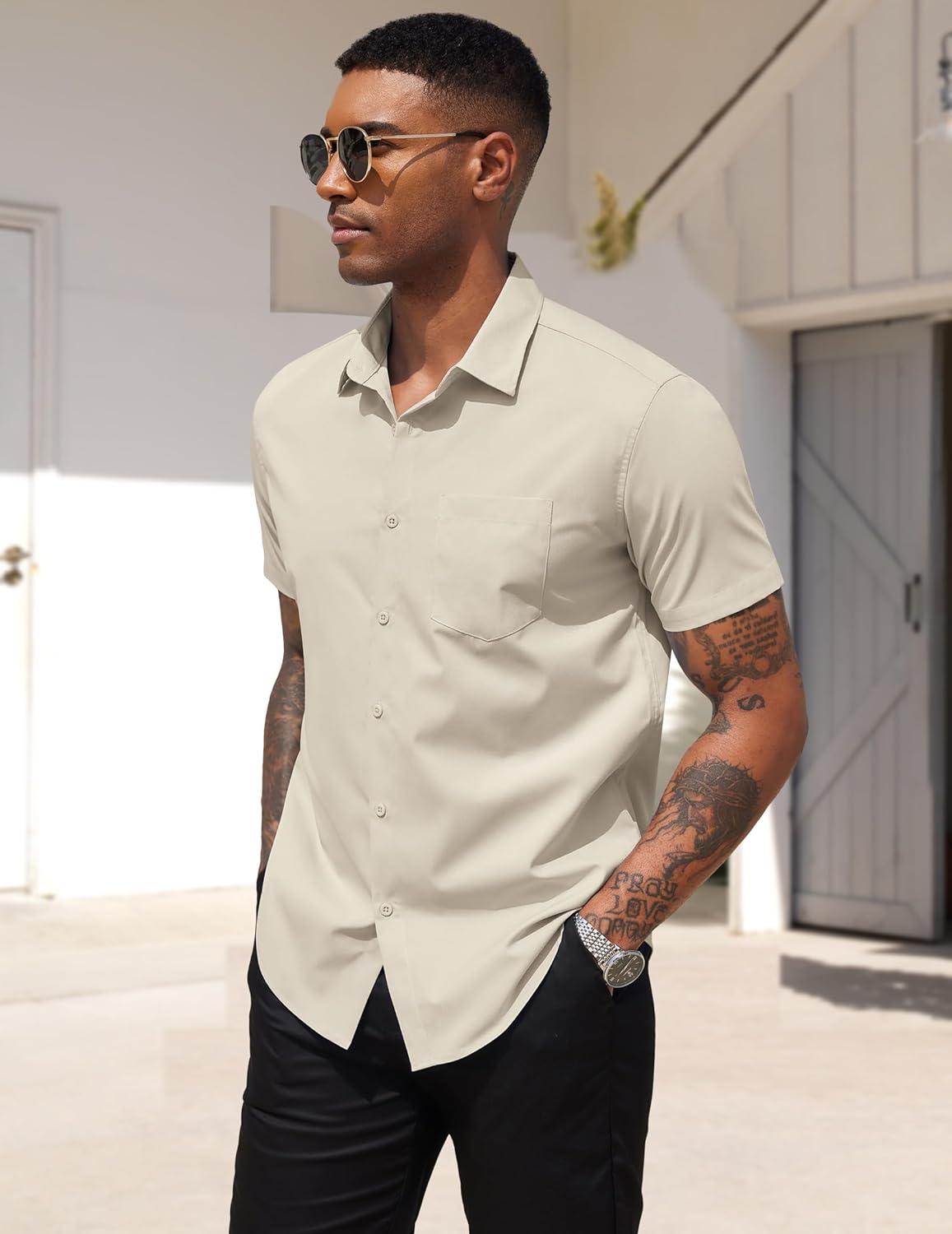 imageCOOFANDY Mens Dress Shirts Short Sleeve Business Casual Regular Fit Button Down Shirts with PocketKhaki