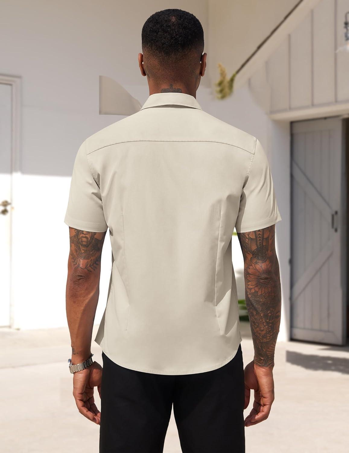 imageCOOFANDY Mens Dress Shirts Short Sleeve Business Casual Regular Fit Button Down Shirts with PocketKhaki