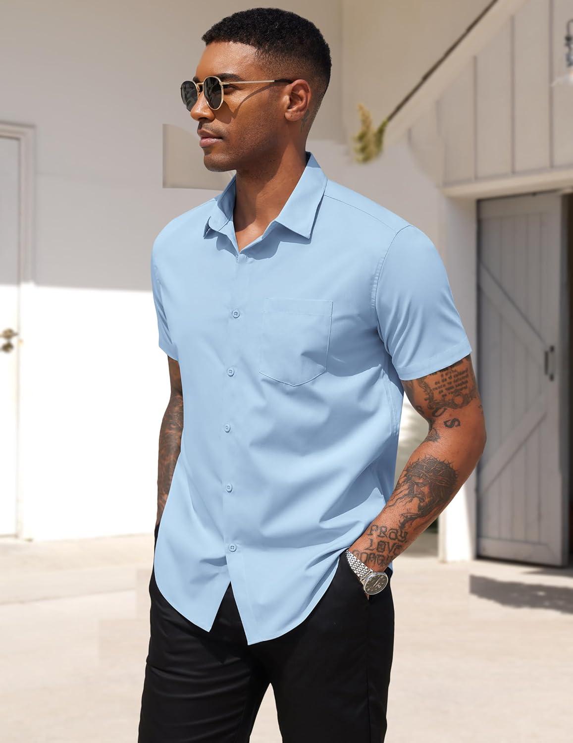 imageCOOFANDY Mens Dress Shirts Short Sleeve Business Casual Regular Fit Button Down Shirts with PocketLight Blue