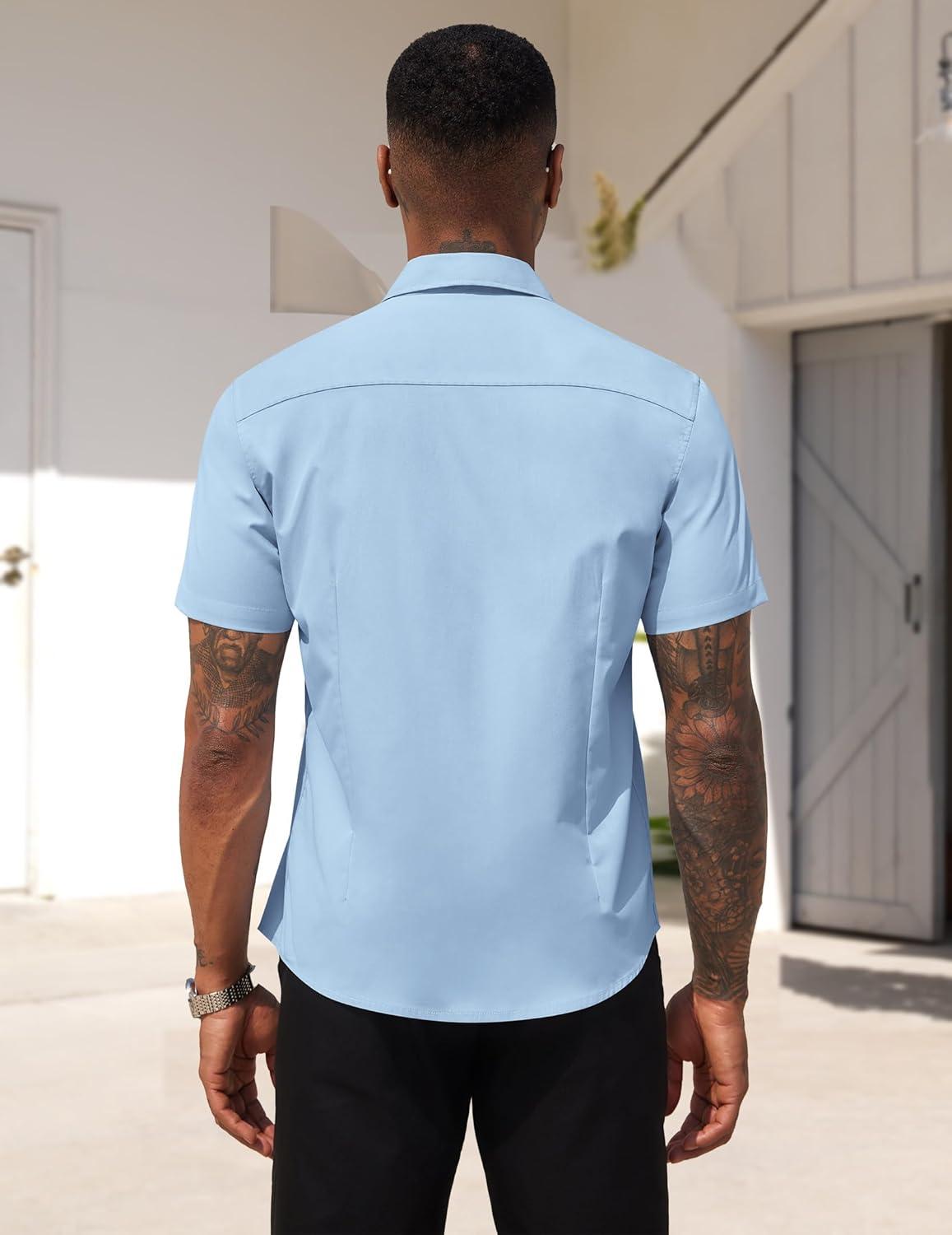 imageCOOFANDY Mens Dress Shirts Short Sleeve Business Casual Regular Fit Button Down Shirts with PocketLight Blue