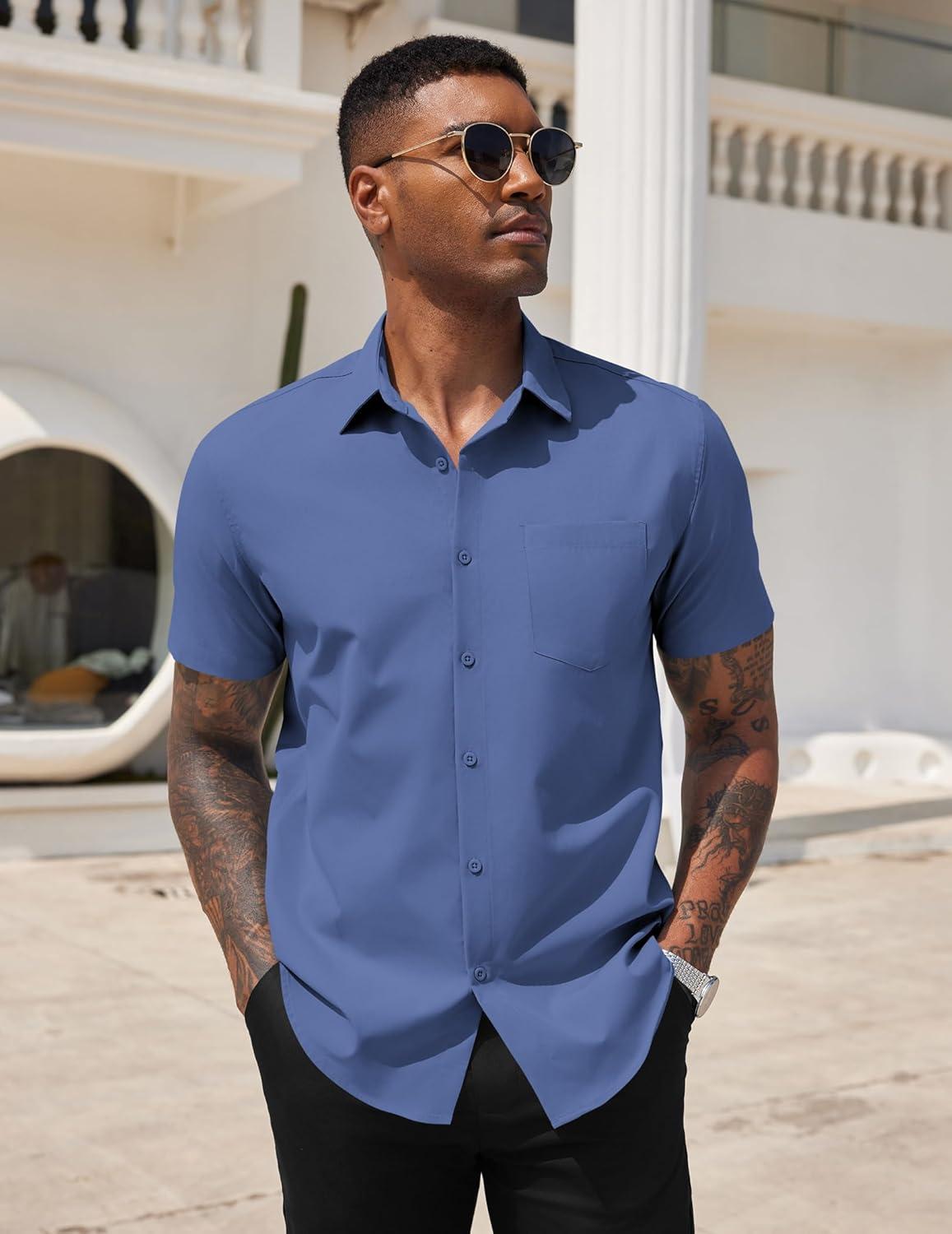 imageCOOFANDY Mens Dress Shirts Short Sleeve Business Casual Regular Fit Button Down Shirts with PocketNavy