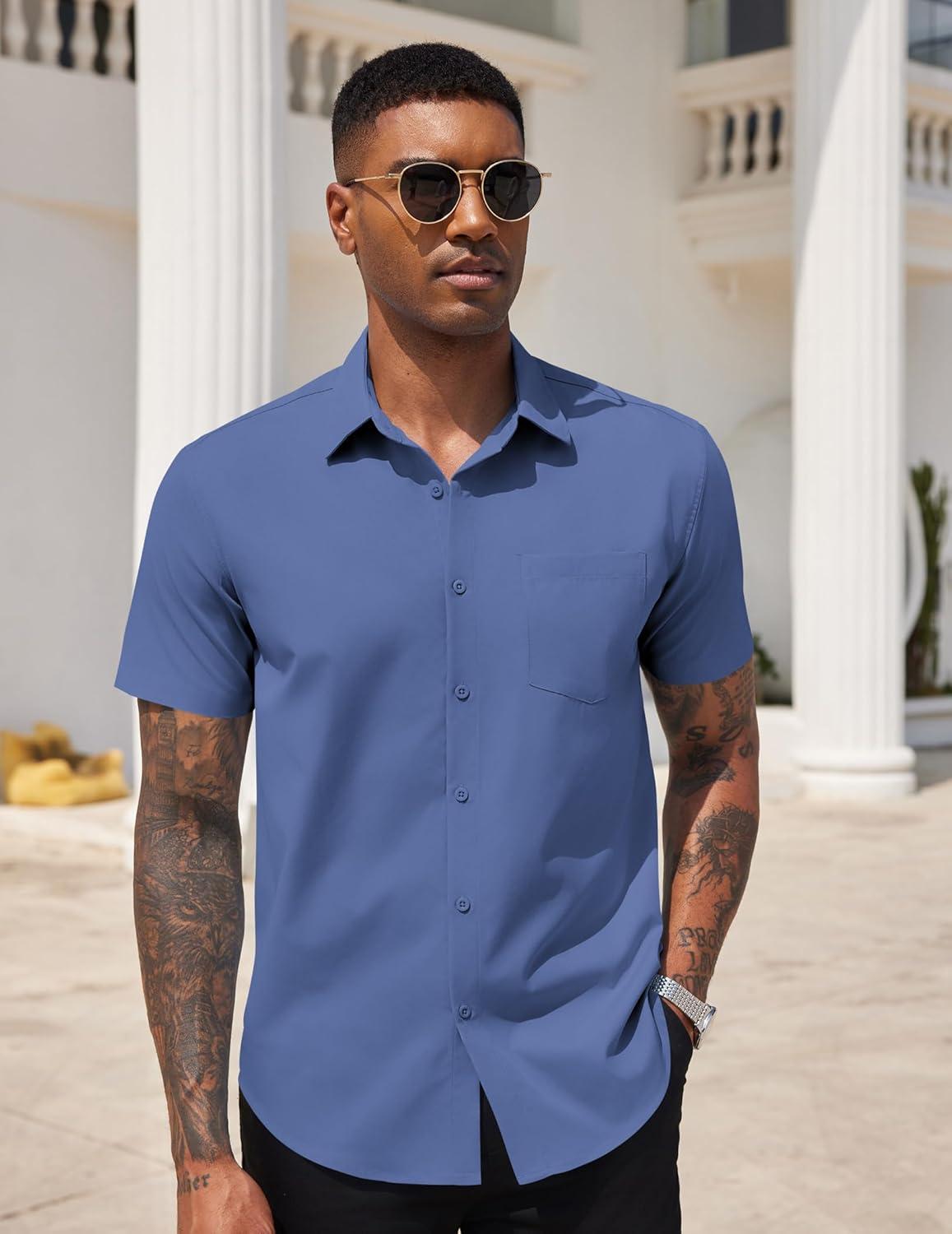 imageCOOFANDY Mens Dress Shirts Short Sleeve Business Casual Regular Fit Button Down Shirts with PocketNavy