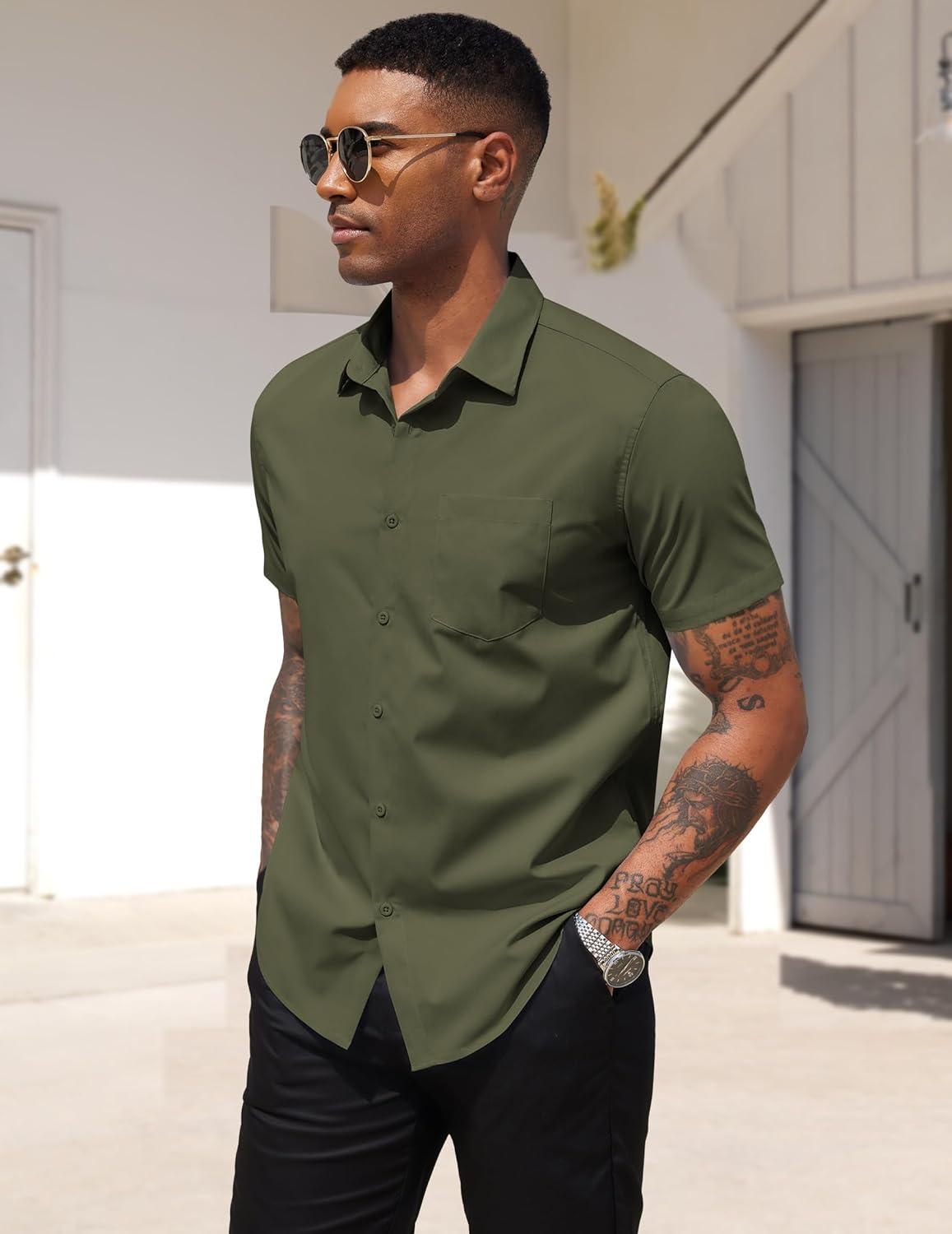 imageCOOFANDY Mens Dress Shirts Short Sleeve Business Casual Regular Fit Button Down Shirts with PocketOlive Green
