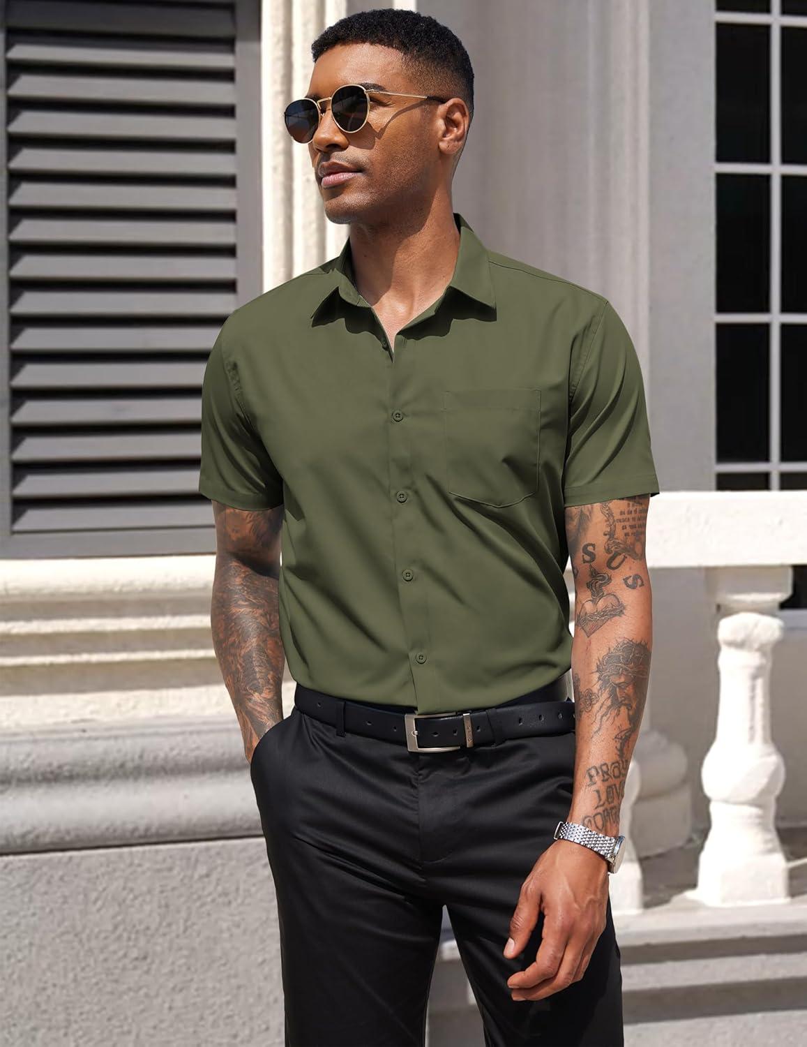 imageCOOFANDY Mens Dress Shirts Short Sleeve Business Casual Regular Fit Button Down Shirts with PocketOlive Green