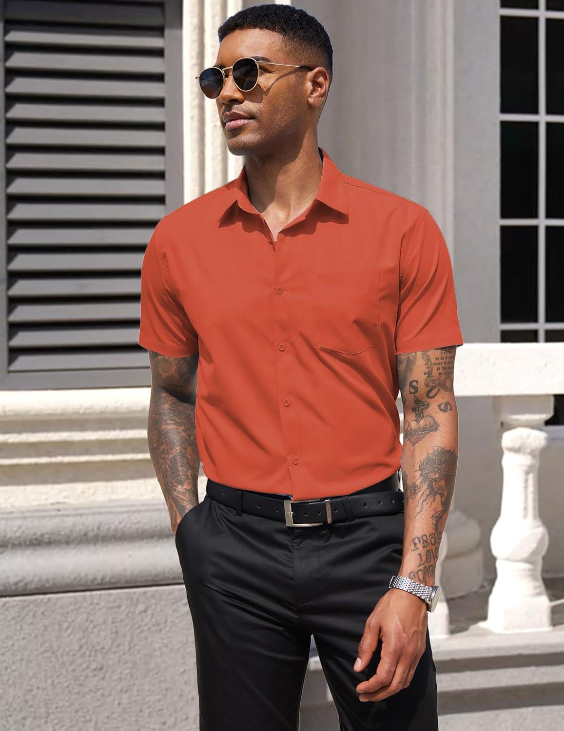 imageCOOFANDY Mens Dress Shirts Short Sleeve Business Casual Regular Fit Button Down Shirts with PocketOrange