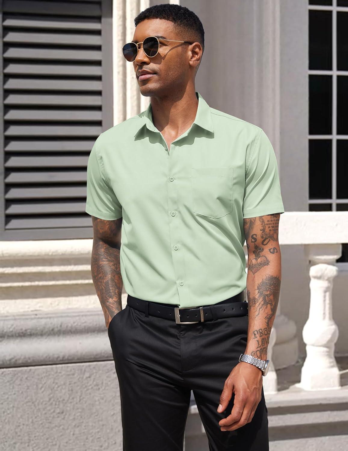 imageCOOFANDY Mens Dress Shirts Short Sleeve Business Casual Regular Fit Button Down Shirts with PocketSage Green