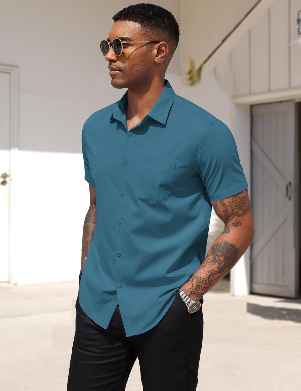 imageCOOFANDY Mens Dress Shirts Short Sleeve Business Casual Regular Fit Button Down Shirts with PocketTeal
