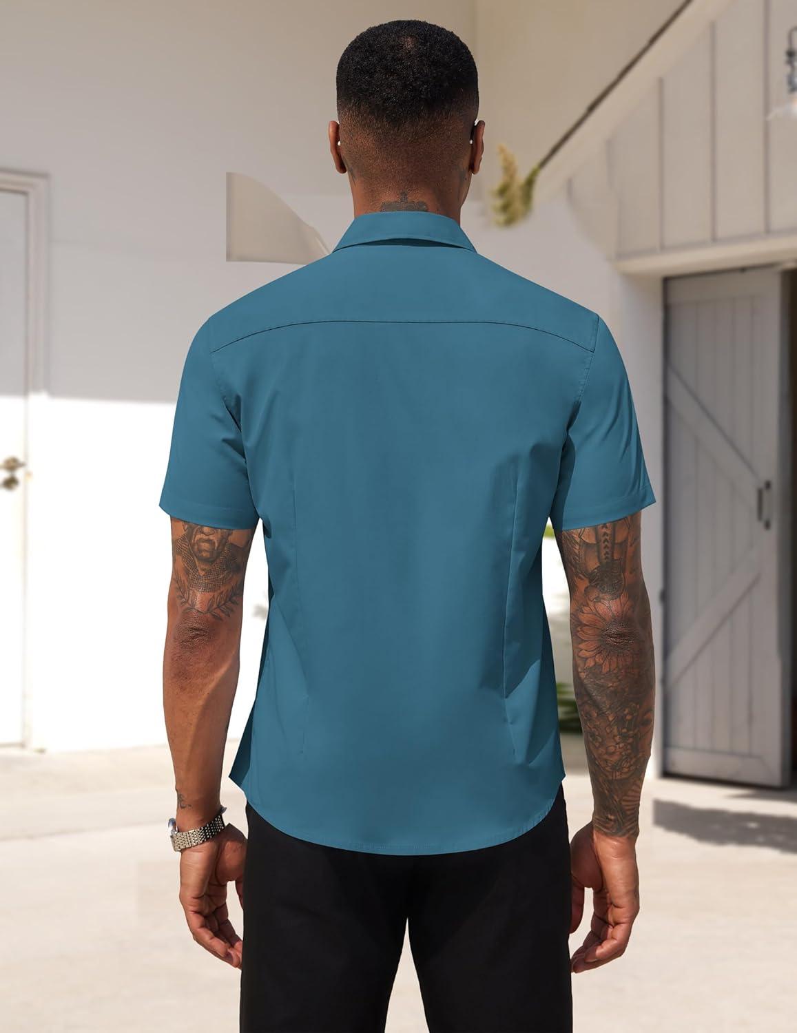 imageCOOFANDY Mens Dress Shirts Short Sleeve Business Casual Regular Fit Button Down Shirts with PocketTeal