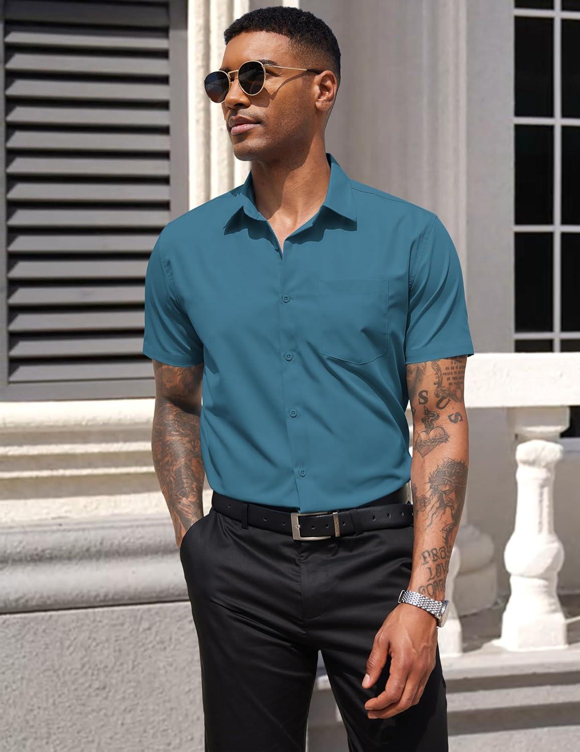 imageCOOFANDY Mens Dress Shirts Short Sleeve Business Casual Regular Fit Button Down Shirts with PocketTeal