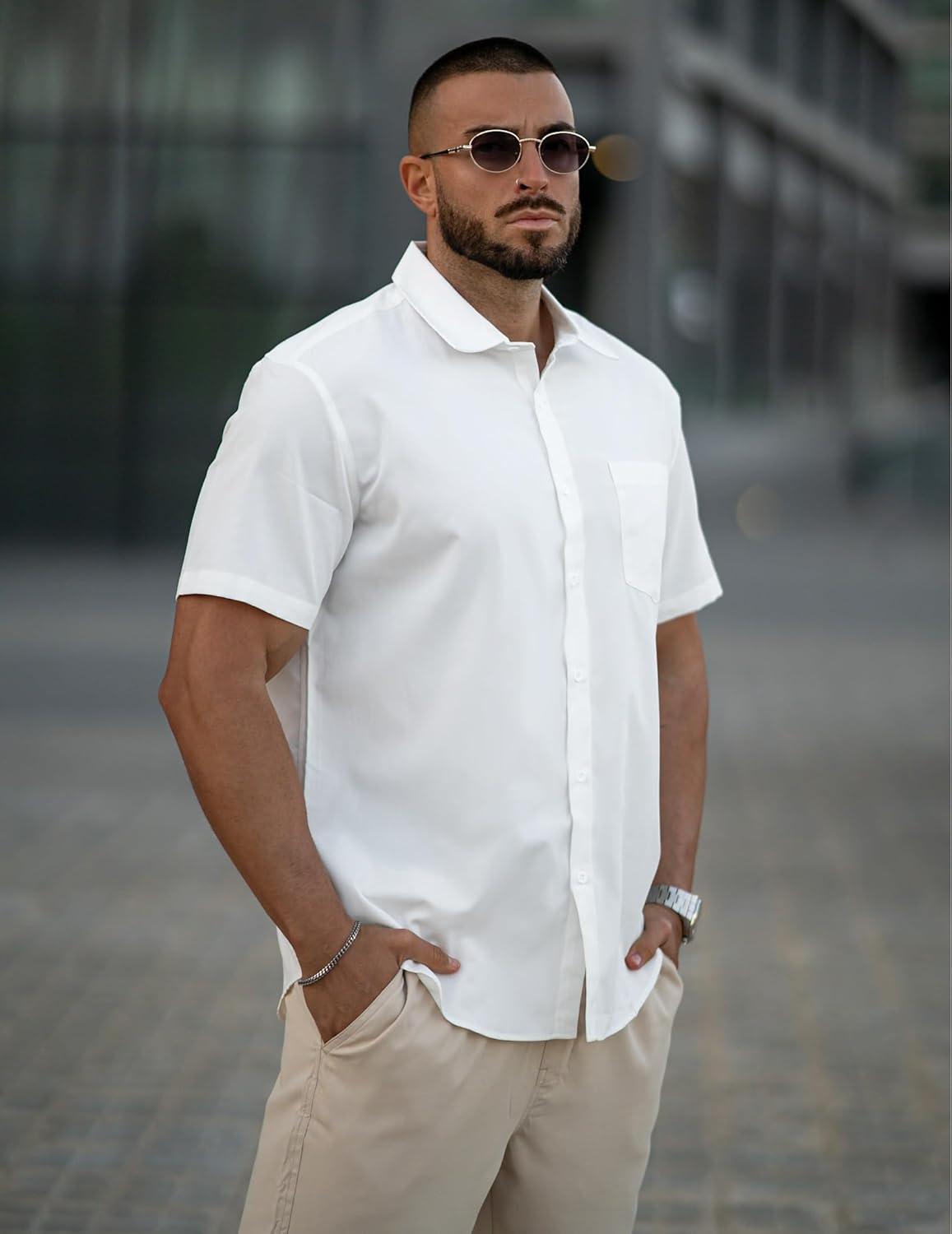 imageCOOFANDY Mens Dress Shirts Short Sleeve Business Casual Regular Fit Button Down Shirts with PocketWhite