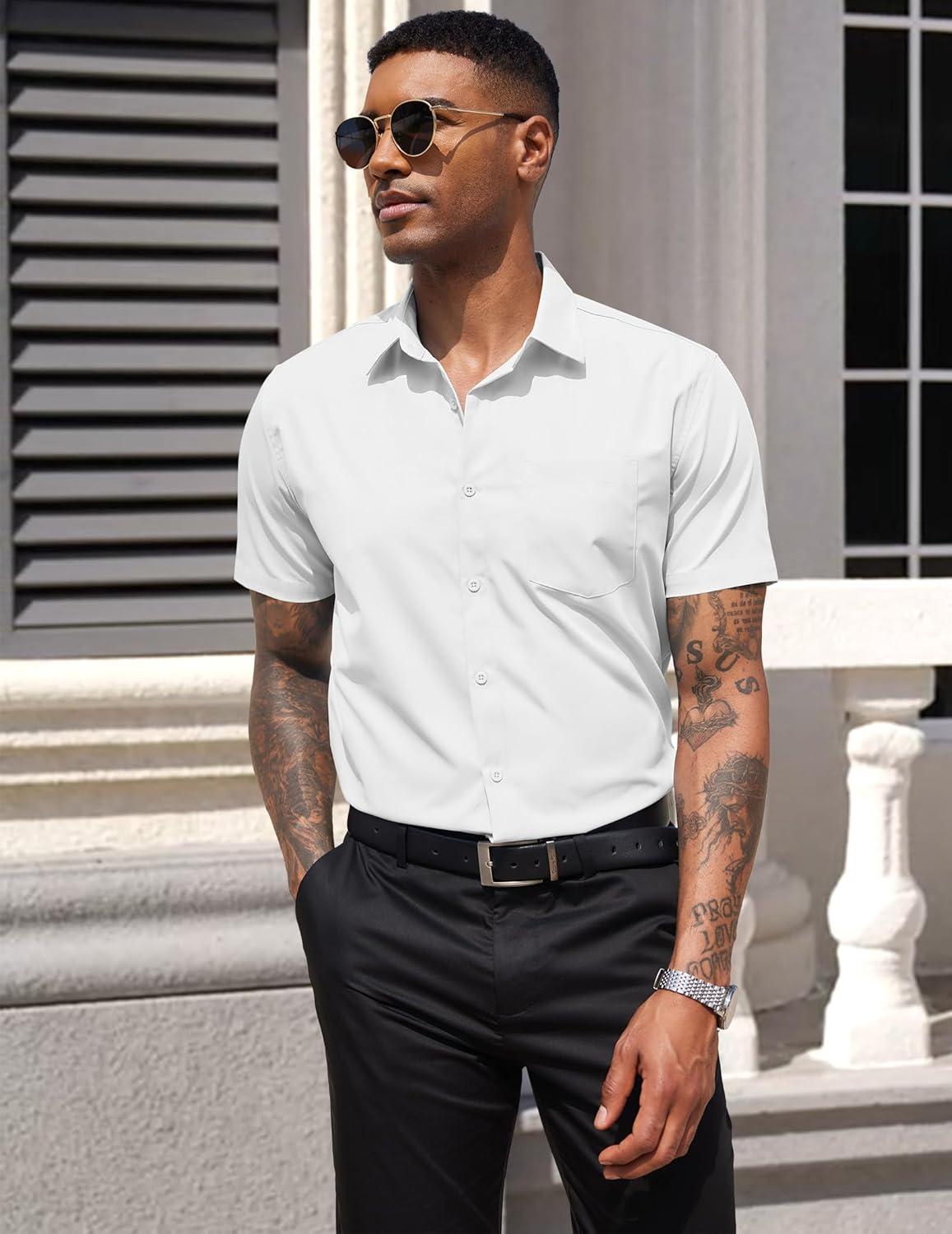 imageCOOFANDY Mens Dress Shirts Short Sleeve Business Casual Regular Fit Button Down Shirts with PocketWhite