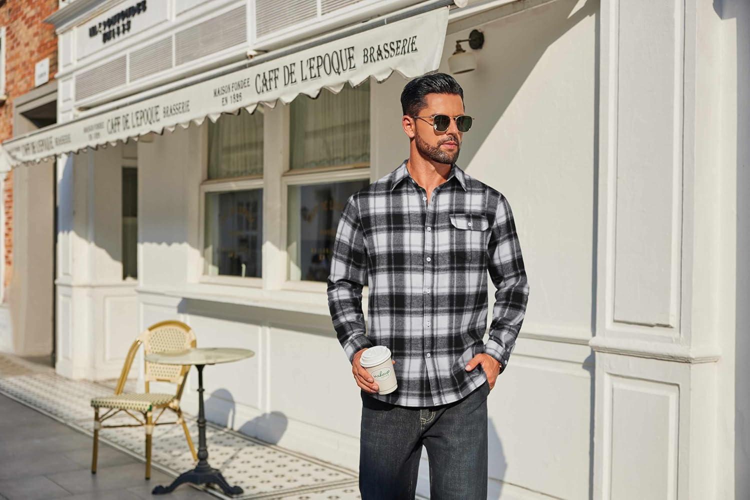 imageCOOFANDY Mens Flannel Plaid Shirts Long Sleeve Casual Button Down Cotton Shirt with PocketBlack White Plaid
