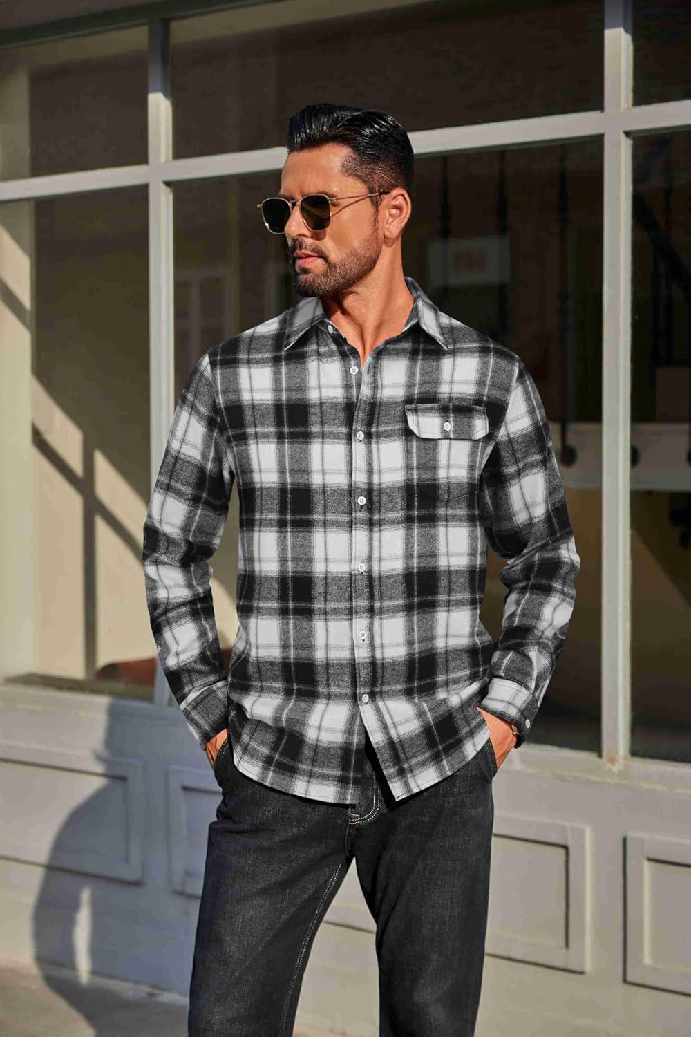 imageCOOFANDY Mens Flannel Plaid Shirts Long Sleeve Casual Button Down Cotton Shirt with PocketBlack White Plaid