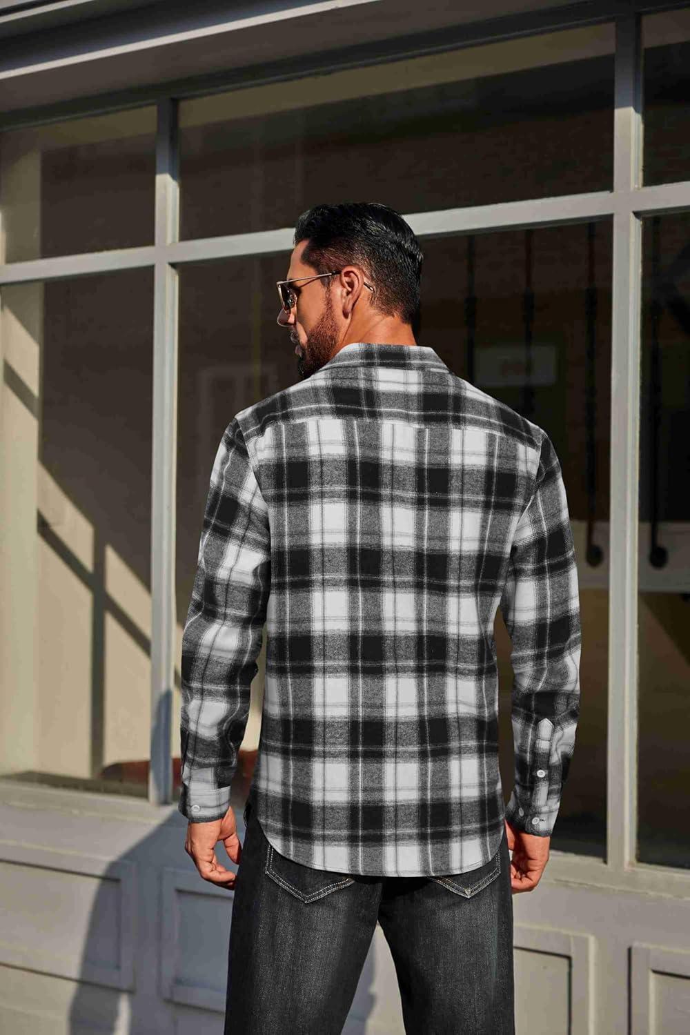 imageCOOFANDY Mens Flannel Plaid Shirts Long Sleeve Casual Button Down Cotton Shirt with PocketBlack White Plaid