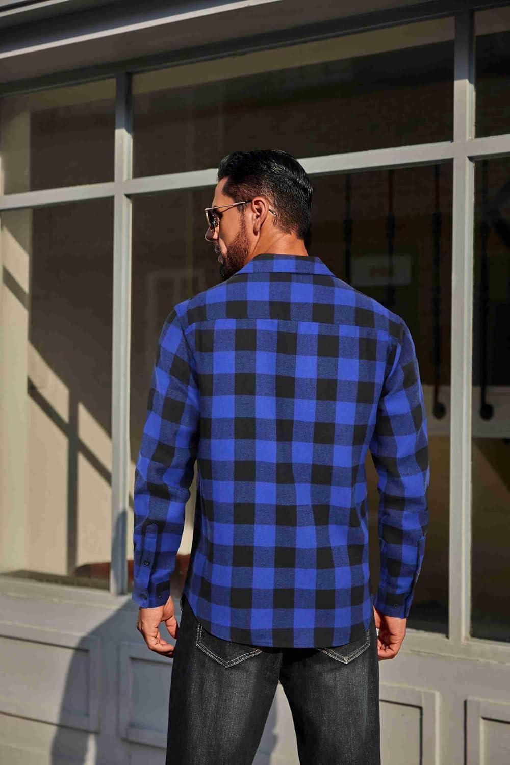 imageCOOFANDY Mens Flannel Plaid Shirts Long Sleeve Casual Button Down Cotton Shirt with PocketBlue Black Plaid