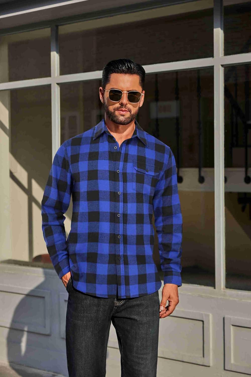 imageCOOFANDY Mens Flannel Plaid Shirts Long Sleeve Casual Button Down Cotton Shirt with PocketBlue Black Plaid