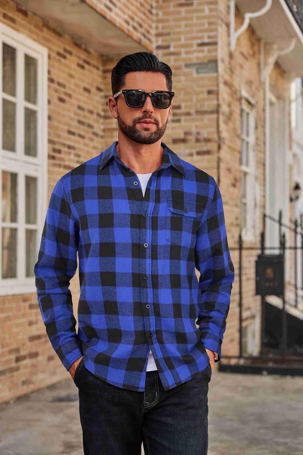 imageCOOFANDY Mens Flannel Plaid Shirts Long Sleeve Casual Button Down Cotton Shirt with PocketBlue Black Plaid