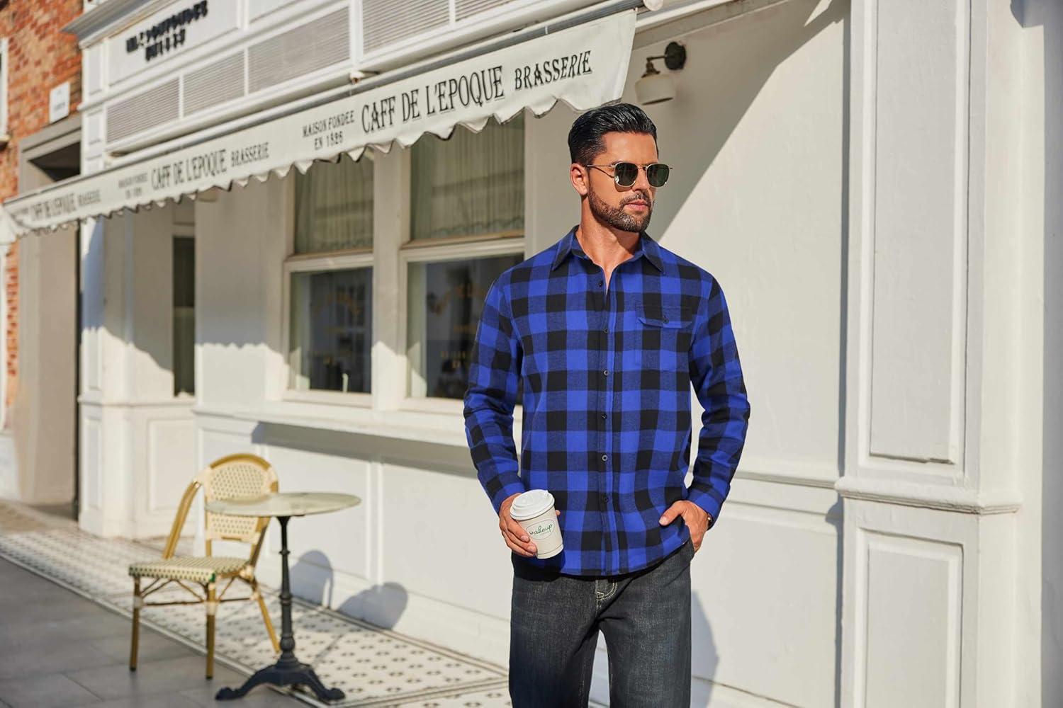 imageCOOFANDY Mens Flannel Plaid Shirts Long Sleeve Casual Button Down Cotton Shirt with PocketBlue Black Plaid