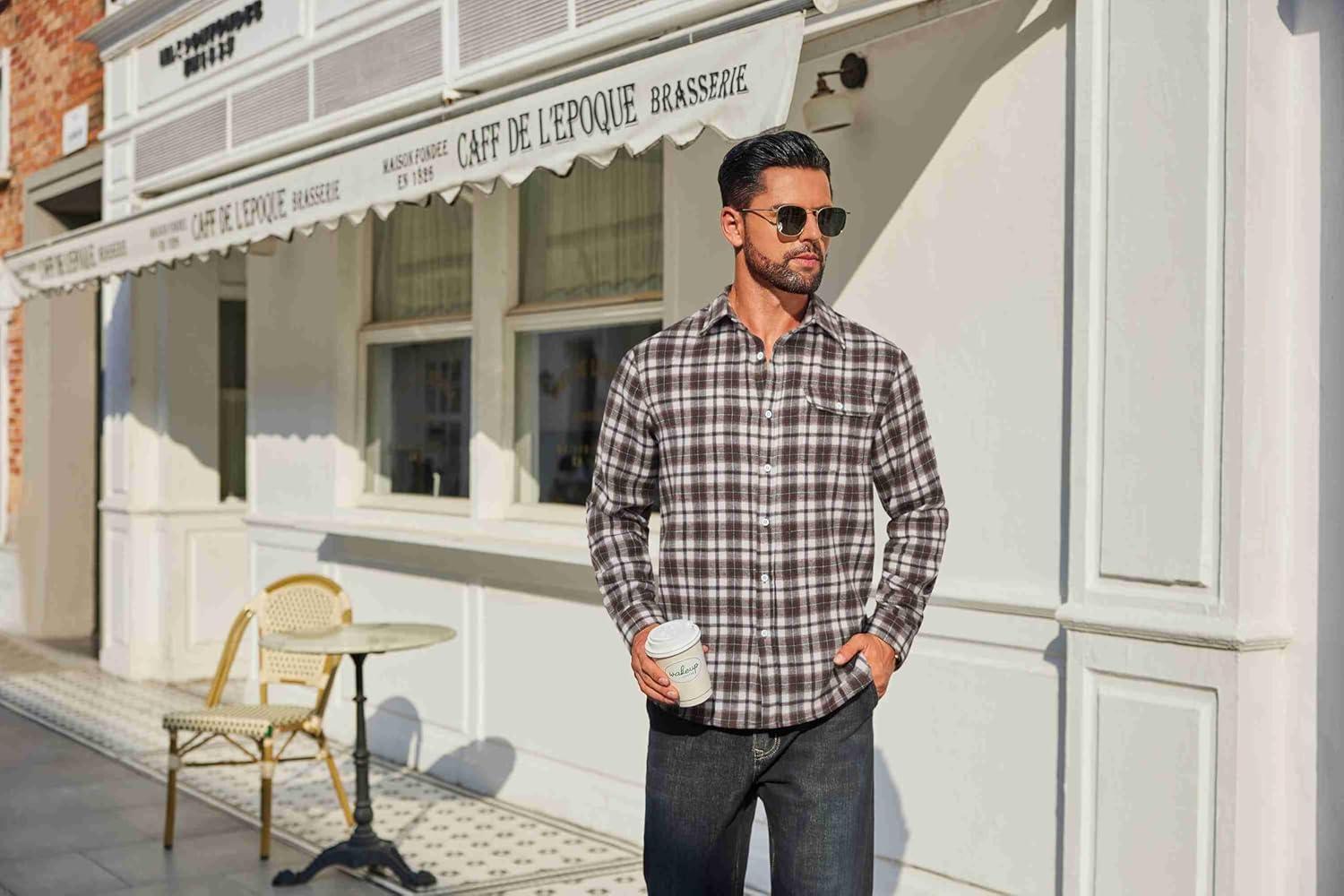 imageCOOFANDY Mens Flannel Plaid Shirts Long Sleeve Casual Button Down Cotton Shirt with PocketBrown White Plaid