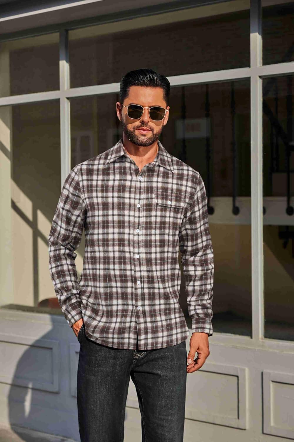imageCOOFANDY Mens Flannel Plaid Shirts Long Sleeve Casual Button Down Cotton Shirt with PocketBrown White Plaid