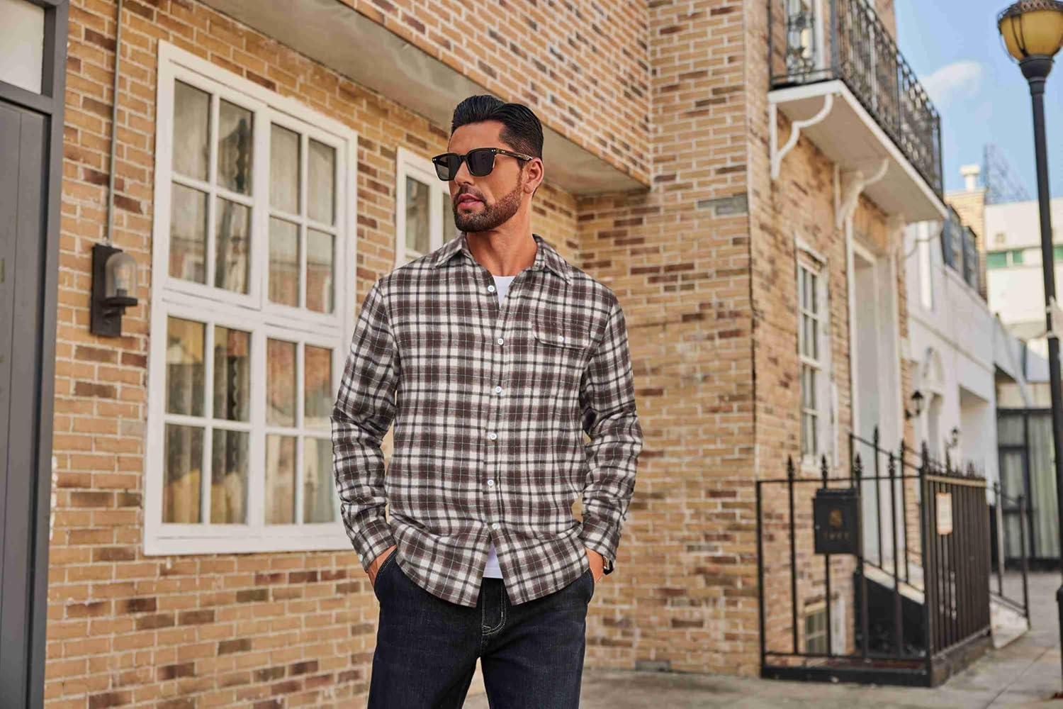 imageCOOFANDY Mens Flannel Plaid Shirts Long Sleeve Casual Button Down Cotton Shirt with PocketBrown White Plaid