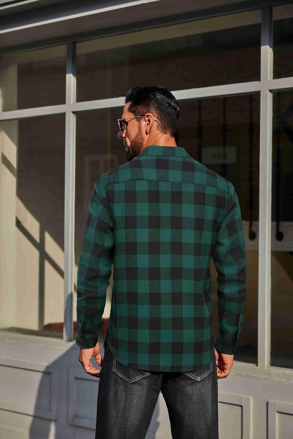 imageCOOFANDY Mens Flannel Plaid Shirts Long Sleeve Casual Button Down Cotton Shirt with PocketGreen Black Plaid