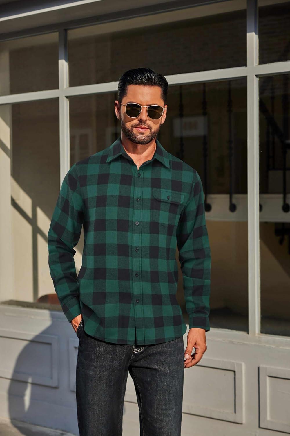 imageCOOFANDY Mens Flannel Plaid Shirts Long Sleeve Casual Button Down Cotton Shirt with PocketGreen Black Plaid