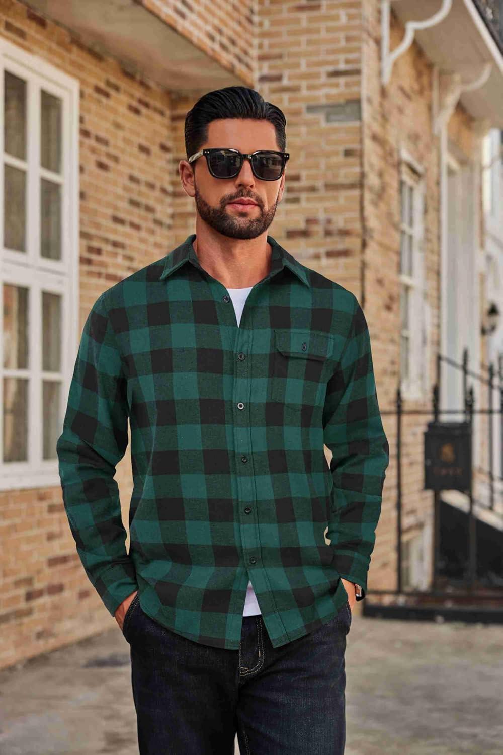imageCOOFANDY Mens Flannel Plaid Shirts Long Sleeve Casual Button Down Cotton Shirt with PocketGreen Black Plaid