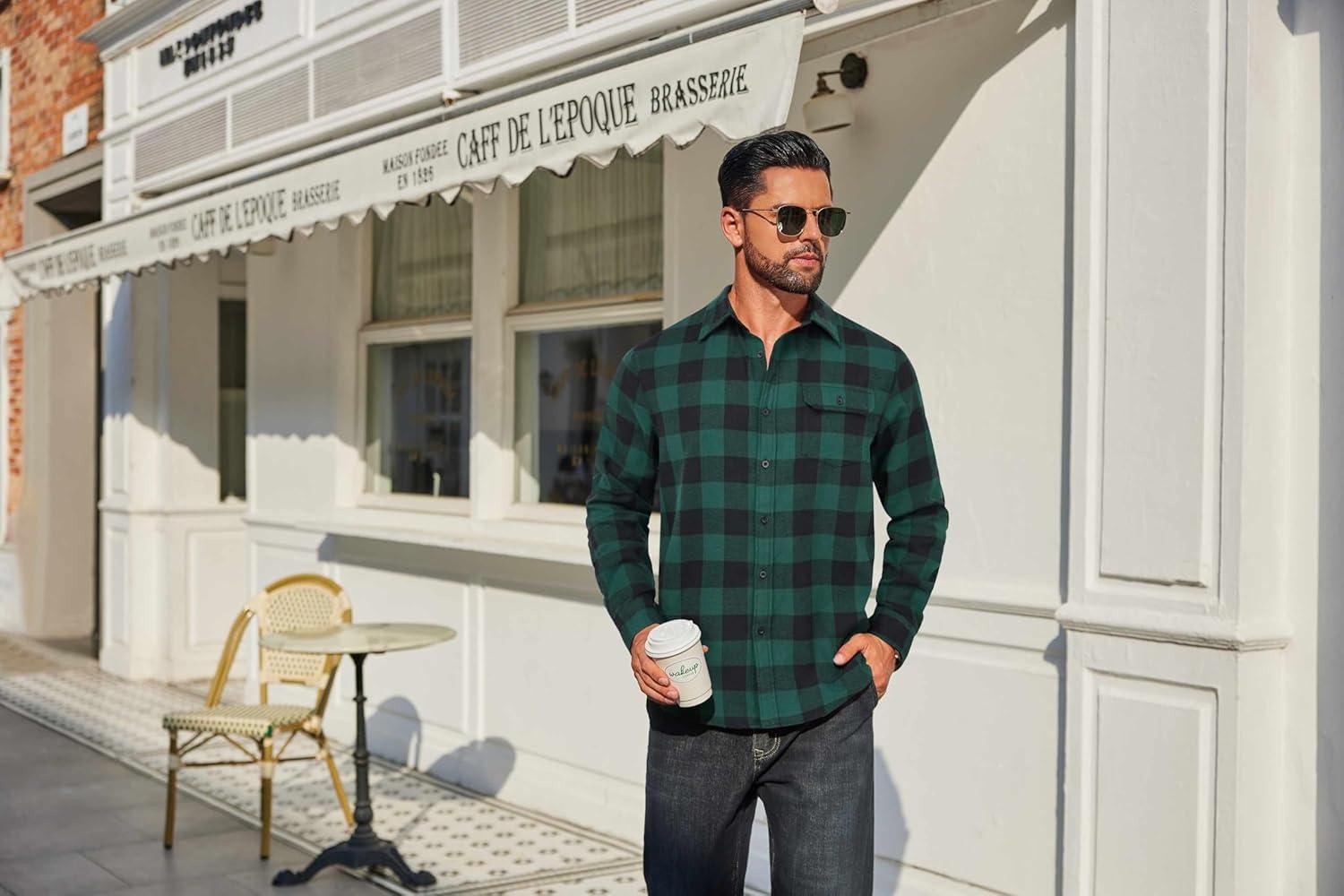 imageCOOFANDY Mens Flannel Plaid Shirts Long Sleeve Casual Button Down Cotton Shirt with PocketGreen Black Plaid